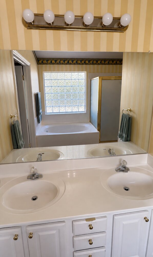 Before double-vanity bathroom refresh